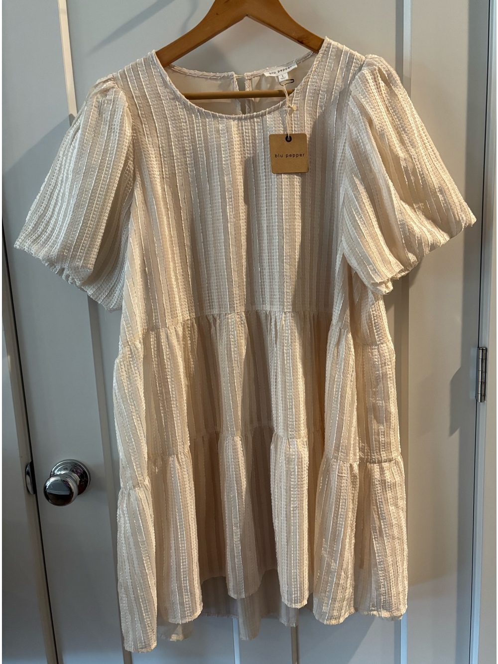 Blu Pepper Cream Textured Tiered Dress with Puff Sleeves